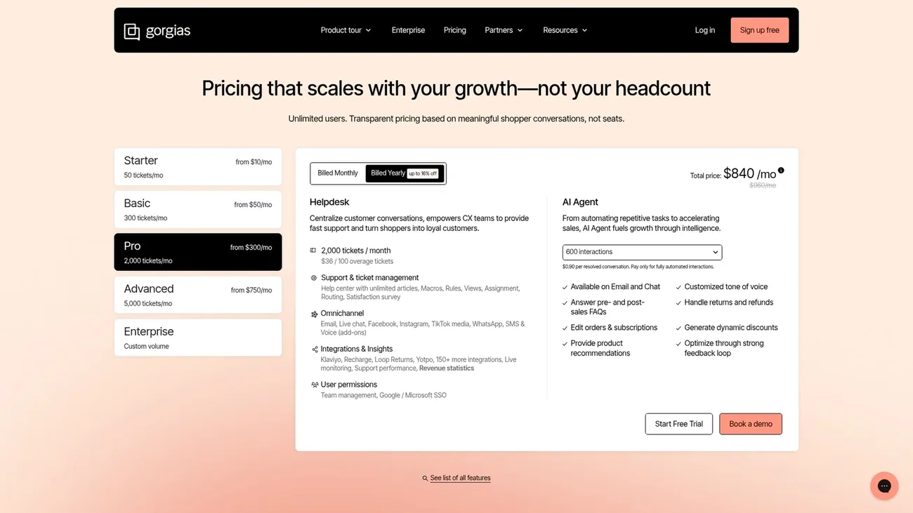 Gorgias 2026 pricing page showing tier options, helpdesk features, AI agent capabilities, and monthly costs.