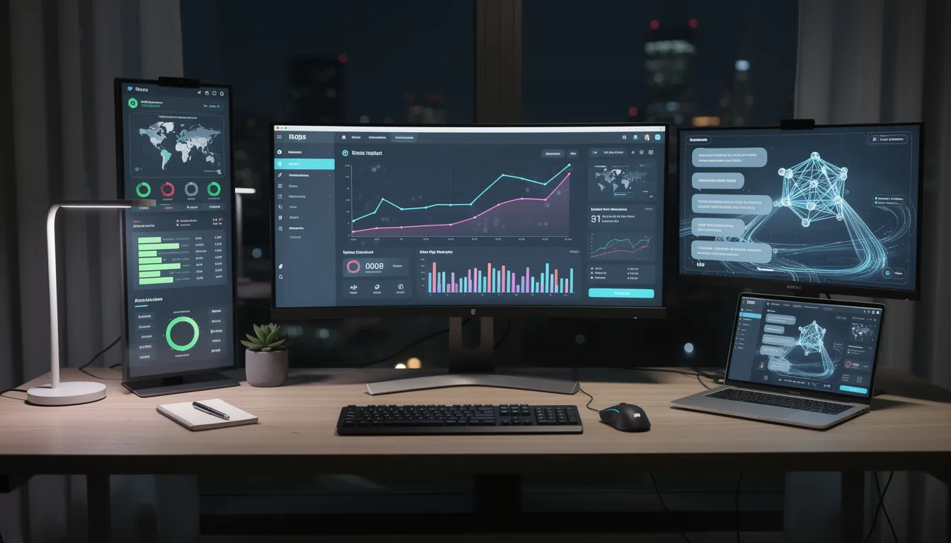 Das Bild zeigt einen modernen Arbeitsplatz mit mehreren Bildschirmen, die Analyse-Dashboards und KI-Oberflächen anzeigen. Die Bildschirme präsentieren Informationen über KI-Sichtbarkeit, SEO-Optimierung und Kundenbewertungen, die für Unternehmen und Marken von Bedeutung sind.