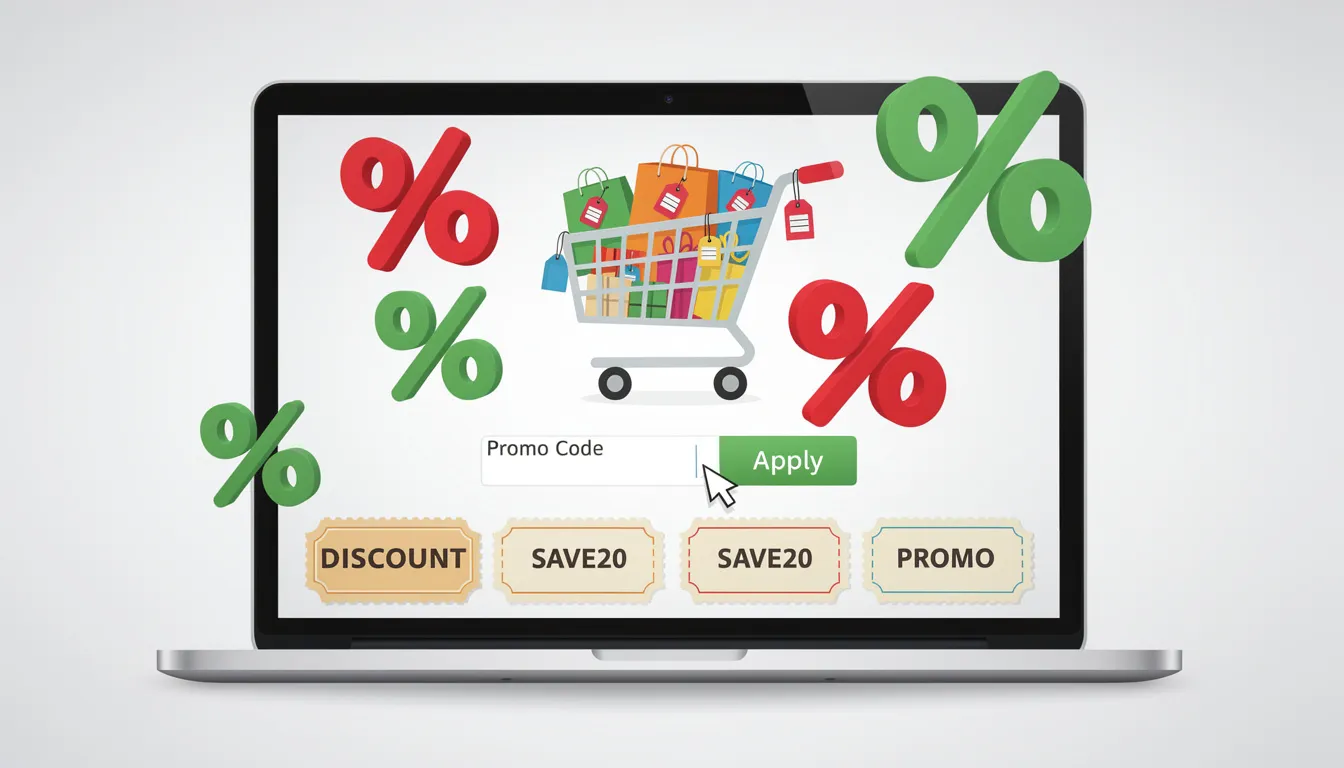 Das Bild zeigt einen Online-Einkaufswagen, der mit Rabattcodes und Prozentzeichen versehen ist. Diese Visualisierung verdeutlicht die Nutzung von Rabatten in E-Commerce-Shops, um Kunden zu gewinnen und den Umsatz zu steigern.