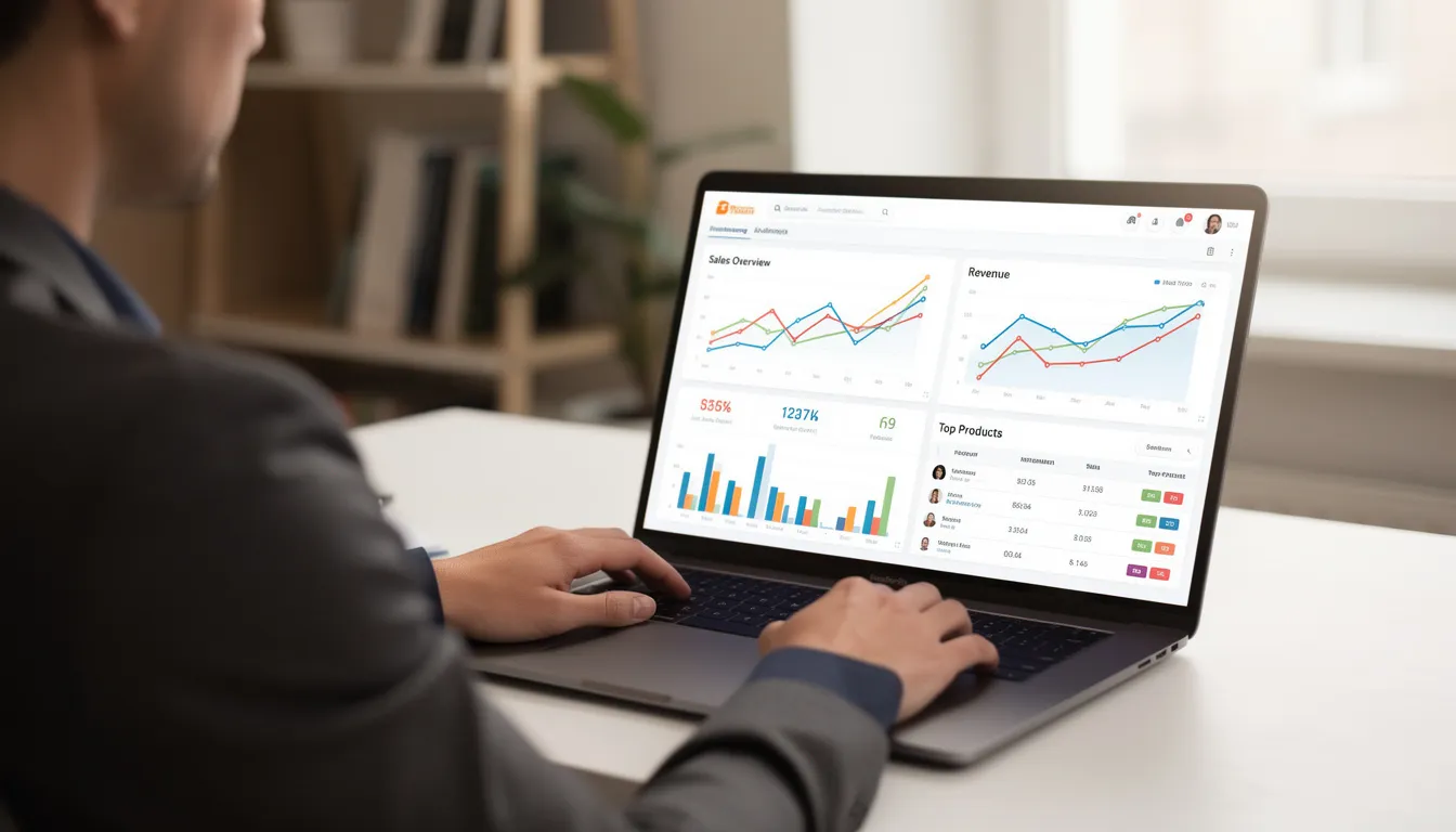 Eine Person sitzt an einem Tisch und arbeitet an einem Laptop, auf dessen Bildschirm ein E-Commerce-Dashboard zu sehen ist. Die Anzeige zeigt wichtige Kennzahlen und Insights für E-Commerce-Marken, während die Person konzentriert an der Optimierung ihres Online-Shops arbeitet.