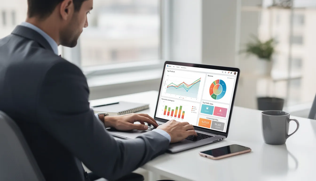 Ein Unternehmer arbeitet an einem Laptop, auf dessen Bildschirm ein E-Commerce-Dashboard sichtbar ist. Die Anzeige umfasst wichtige Daten zur Sichtbarkeit von Marken und Kundenbewertungen, die für die Optimierung der KI-gestützten Plattformen und SEO-Strategien entscheidend sind.