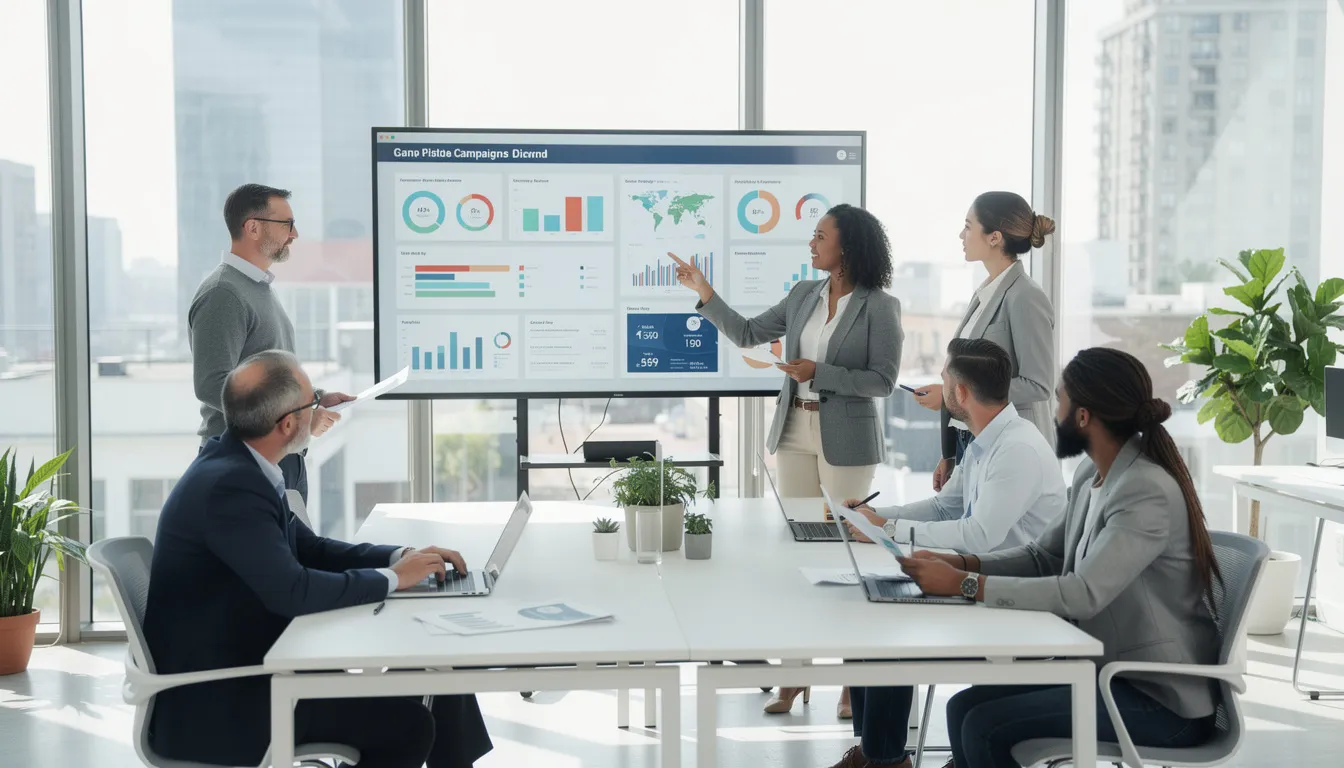 Ein Team von Marketingfachleuten bespricht und analysiert Daten auf einem großen Bildschirm in einem hellen Büro. Die Atmosphäre ist dynamisch, während sie Strategien zur Optimierung der Sichtbarkeit ihrer Marke in Suchmaschinen entwickeln.