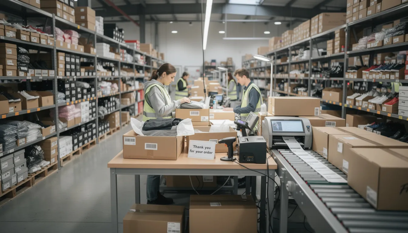 Das Bild zeigt ein Lager, in dem Modeprodukte verpackt werden, um für den Versand vorbereitet zu werden. Diverse eCommerce-Marken, darunter Snocks und Calvin, sind vertreten, während Mitarbeiter sorgfältig die Pakete für den Versand an Kunden zusammenstellen.