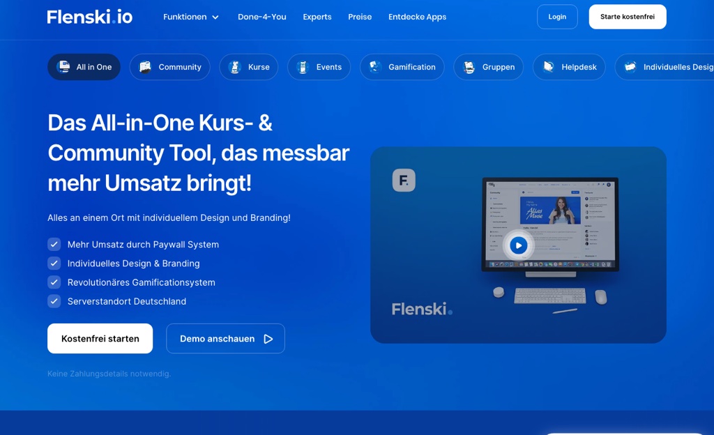 Flenski.io Startseite – All-in-One Kurs- und Community-Tool