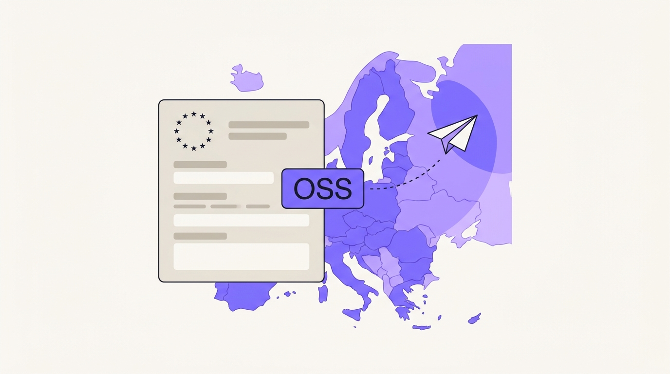 Illustration OSS-Verfahren: EU-Karte mit Steuerformular und OSS-Label – eine Meldung für alle EU-Länder