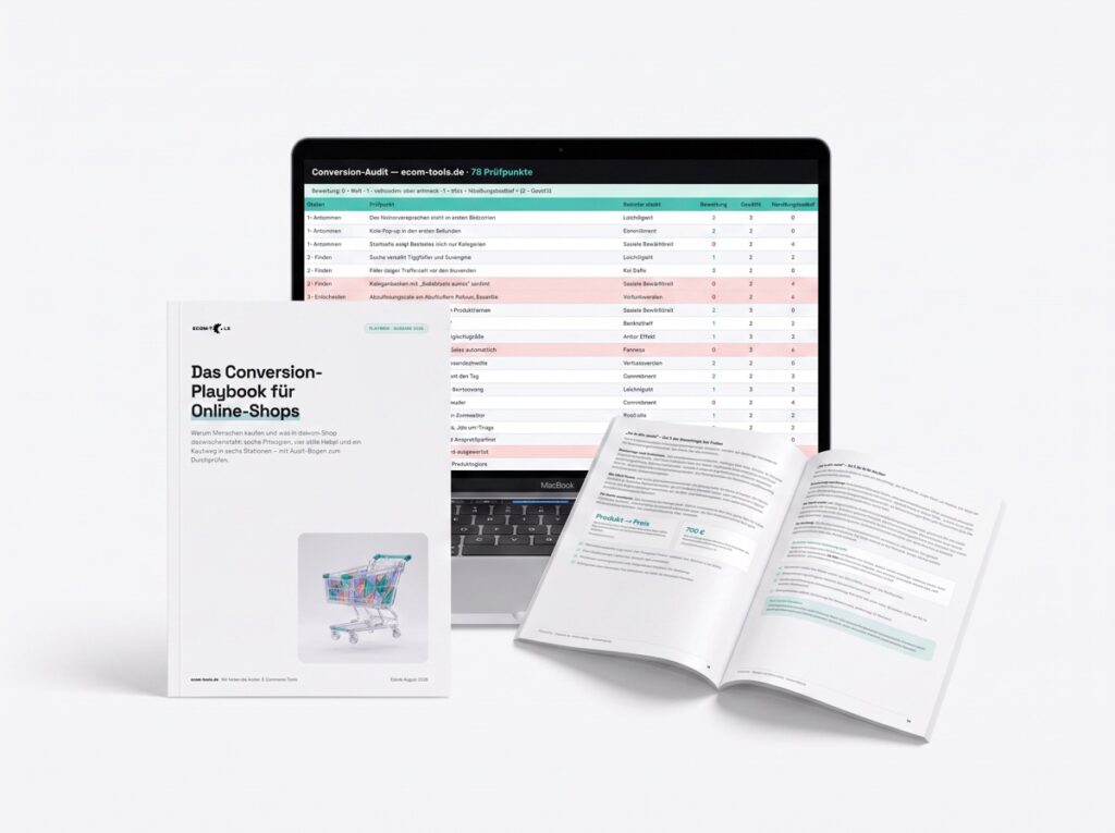Das Conversion-Playbook für Online-Shops: gedrucktes Buch neben einem Laptop mit dem Audit-Bogen