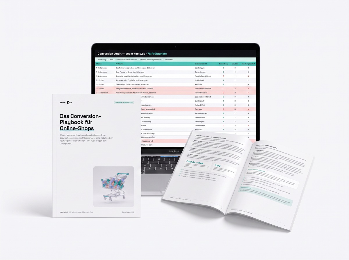 Das Conversion-Playbook für Online-Shops: gedrucktes Playbook und der Audit-Bogen als Tabelle auf einem Laptop