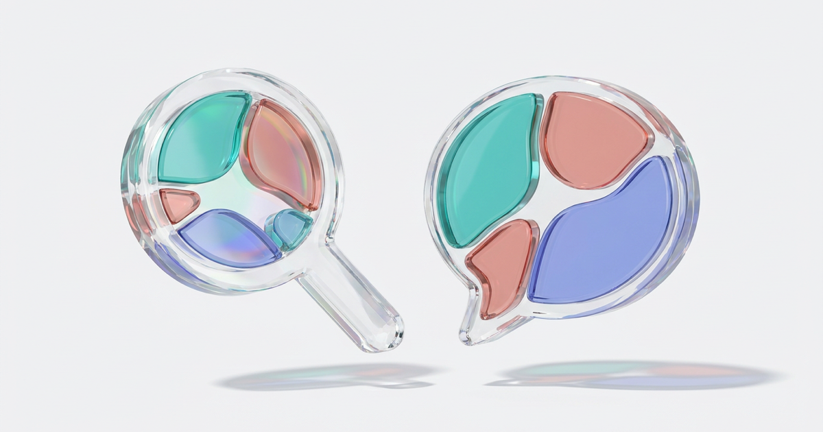 Buntglas-Illustration mit Lupe und Sprechblase als Symbol für SEO und KI-Antworten