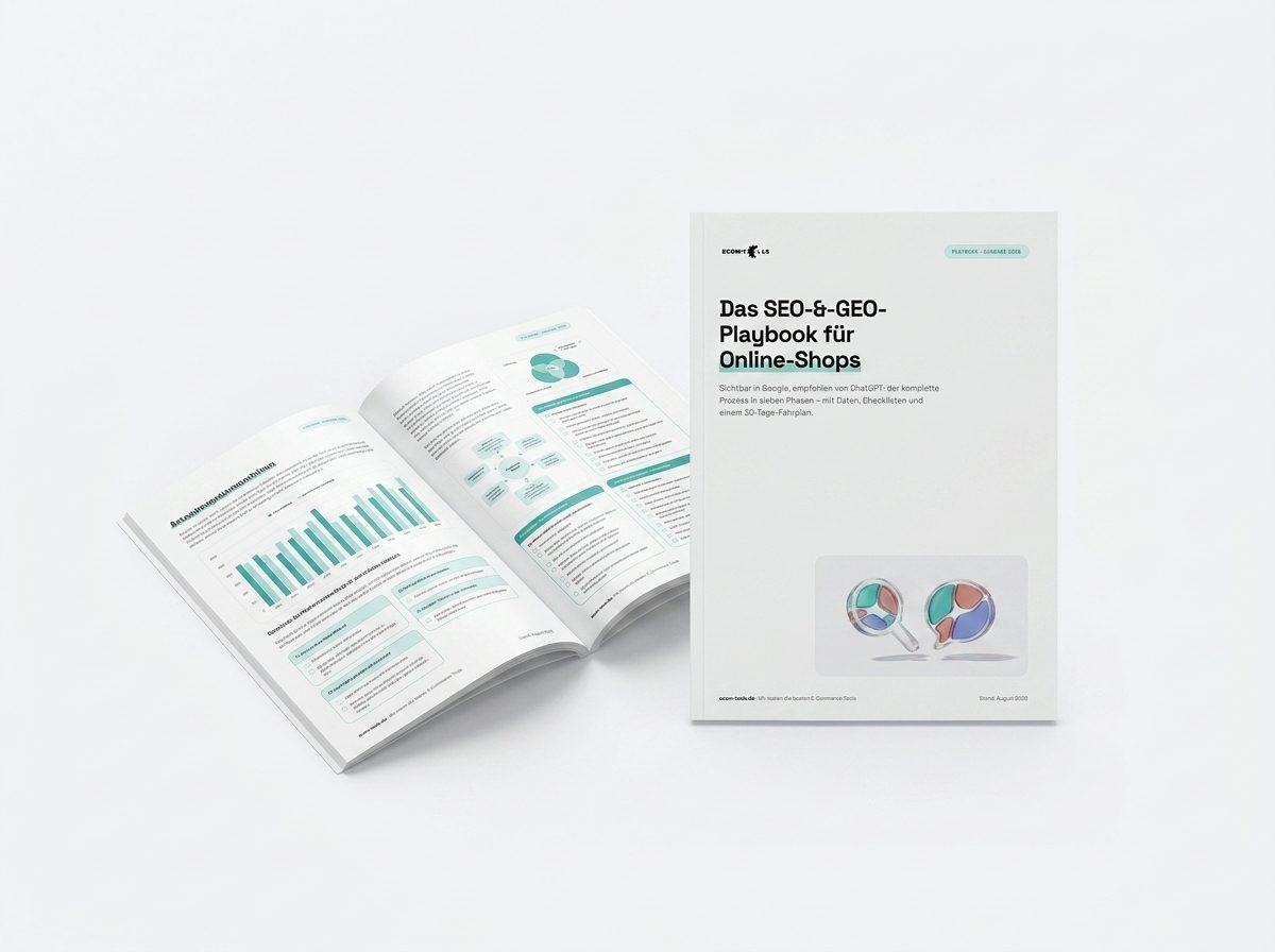 Das SEO- und GEO-Playbook für Online-Shops: gedrucktes Cover und ein aufgeschlagenes Exemplar mit Diagrammen und Checklisten