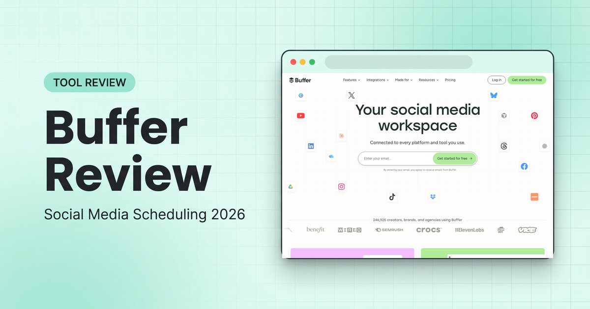 Buffer landing page shown in a browser window, cover image for the Buffer review 2026