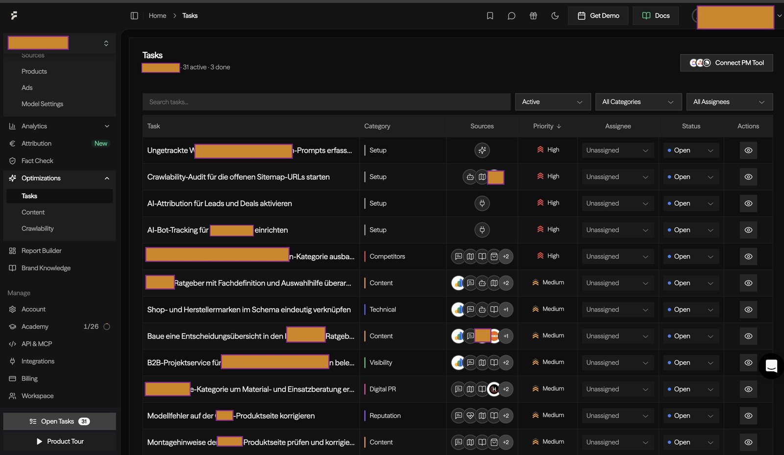Task list in Finseo with categories such as Setup, Content, Technical and Digital PR plus priority and status