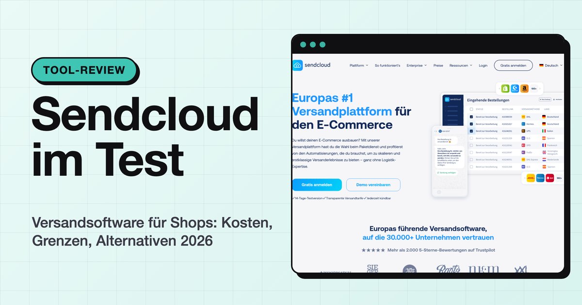 Sendcloud-Startseite im Browserfenster, Titelbild zum Sendcloud-Test 2026