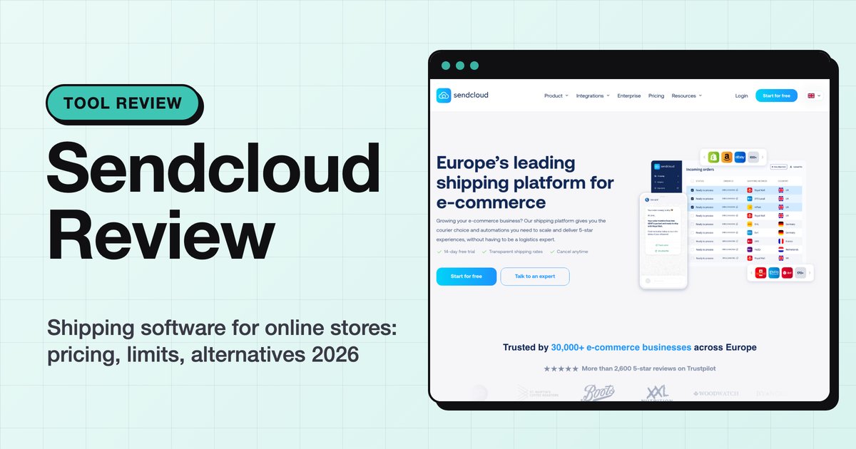 Sendcloud homepage shown in a browser window, cover image for the Sendcloud review 2026
