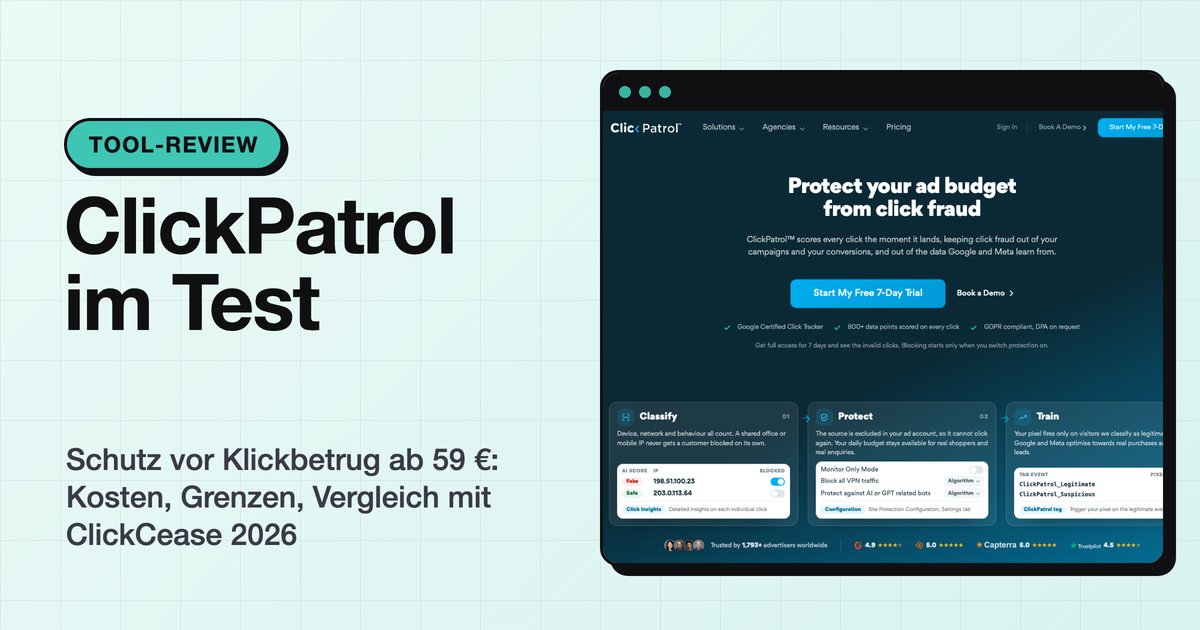 ClickPatrol im Test: Titelbild mit Screenshot der ClickPatrol-Startseite