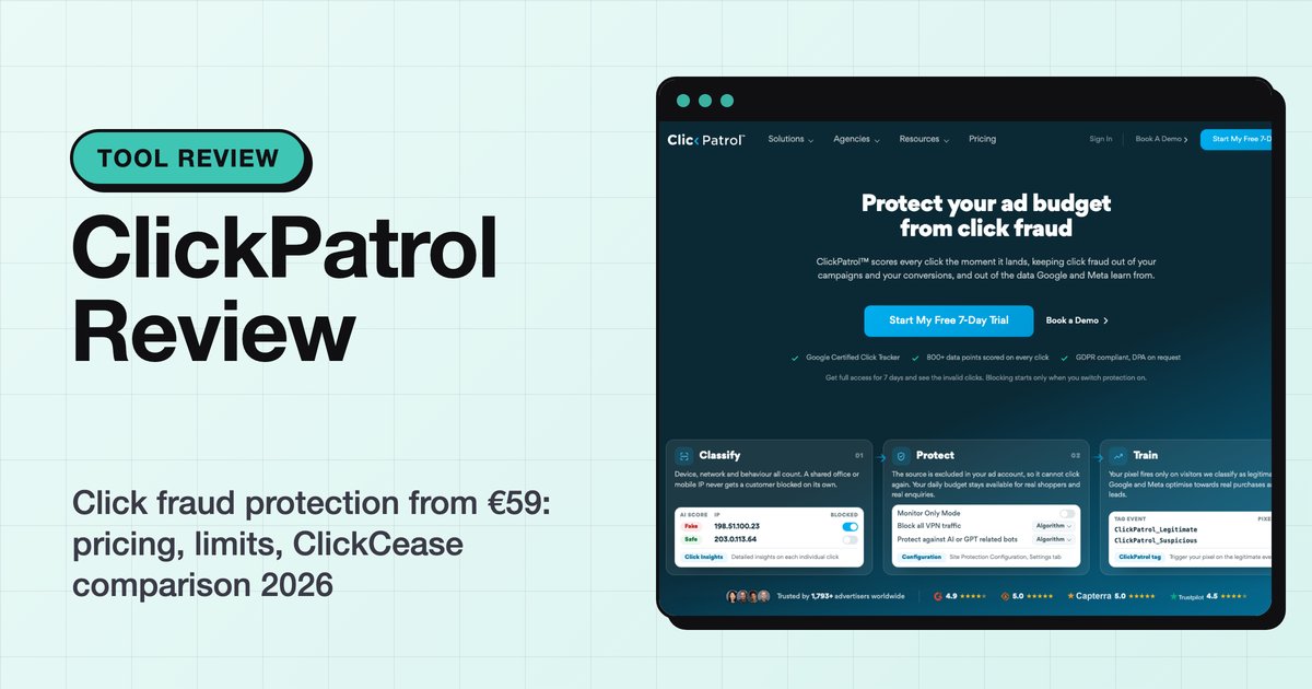 ClickPatrol review: title image with a screenshot of the ClickPatrol homepage