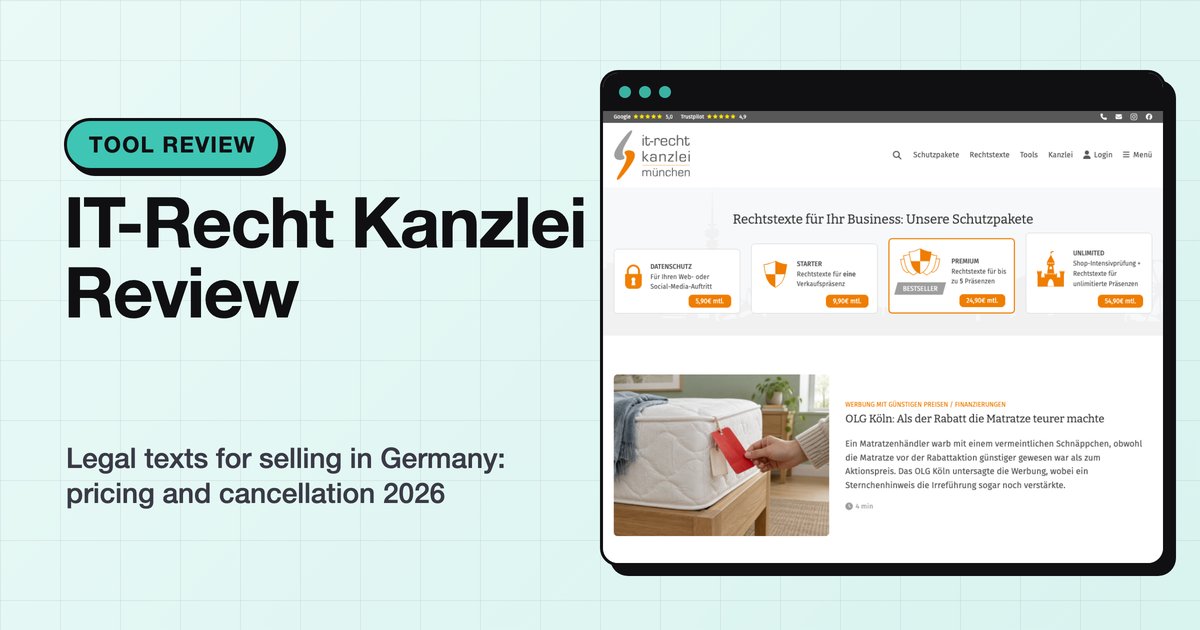 IT-Recht Kanzlei review: legal texts for selling in Germany, pricing and cancellation